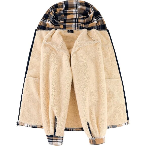 Mens Hooded Deep Blue Plaid Fleece-Lined Zip-Up Jacket Warm Winter Flannel Coat - Picture 3 of 5